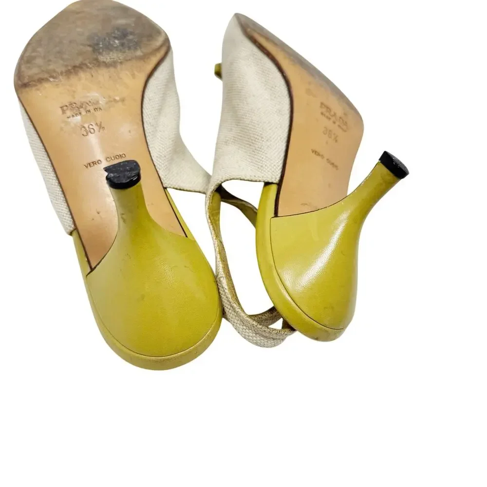 Prada Slingback Heels Canvas Bow Beige Chartreuse Green Pointed Toe 36.5 - Picture 5 of 6